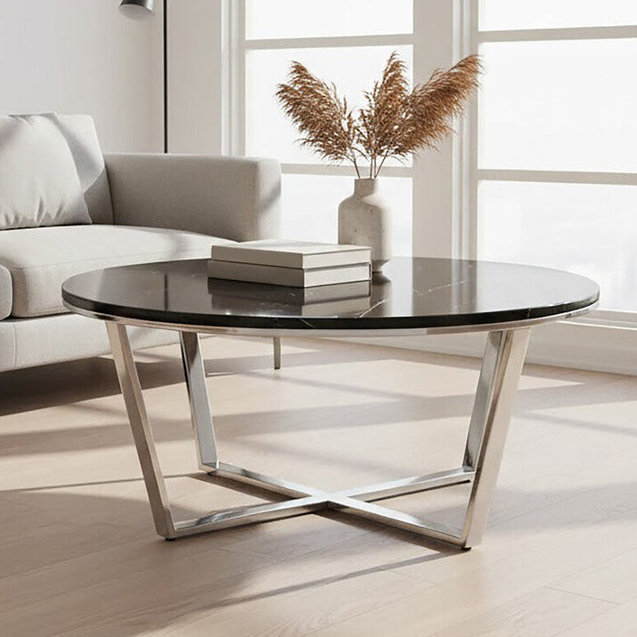 Round Black Marble Coffee Table With Chrome Lattice Leg Design, Allure