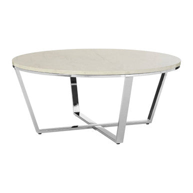Round White Marble Coffee Table With Chrome Lattice Leg Design, Allure