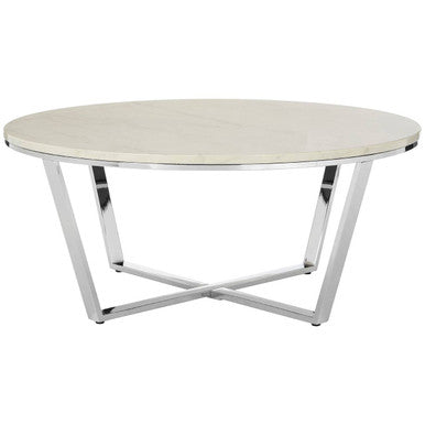 Round White Marble Coffee Table With Chrome Lattice Leg Design, Allure