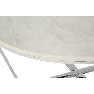 Round White Marble Coffee Table With Chrome Lattice Leg Design, Allure