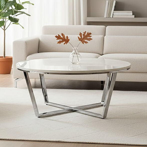 Round White Marble Coffee Table With Chrome Lattice Leg Design, Allure