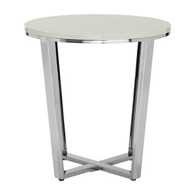 Round White Marble End Table With Chrome Lattice Leg Design, Allure
