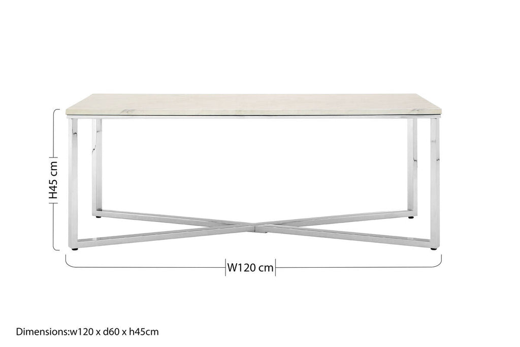 White Marble Coffee Table With Chrome Lattice Leg Design, Allure