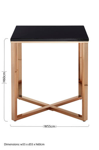 Square Black Marble End Table With Champagne Gold Metal Legs, Allure