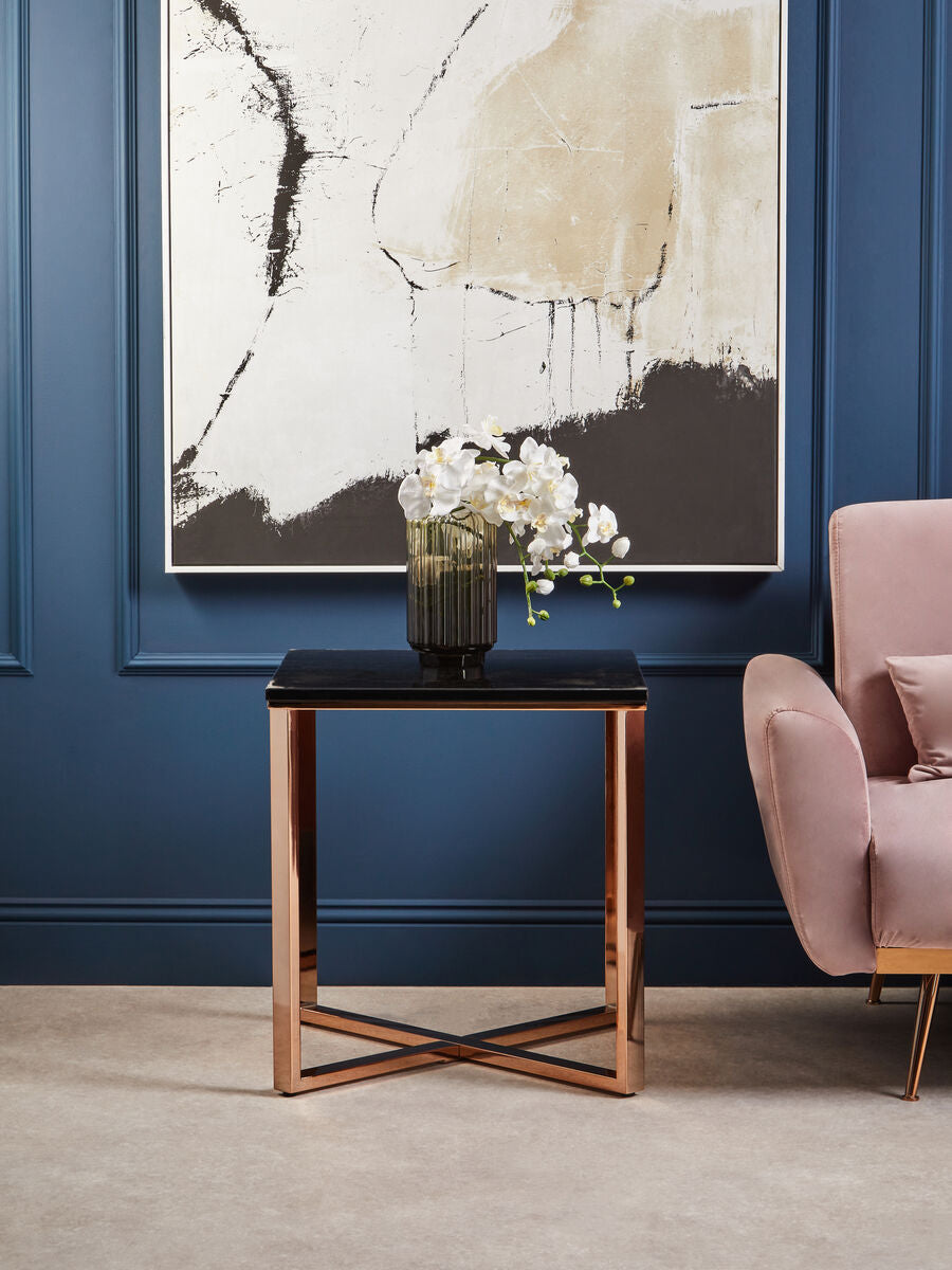 Square Black Marble End Table With Champagne Gold Metal Legs, Allure