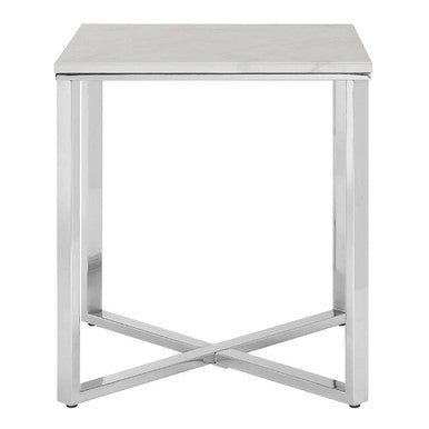 Square White Marble End Table With Silver Chrome Metal Legs, Allure