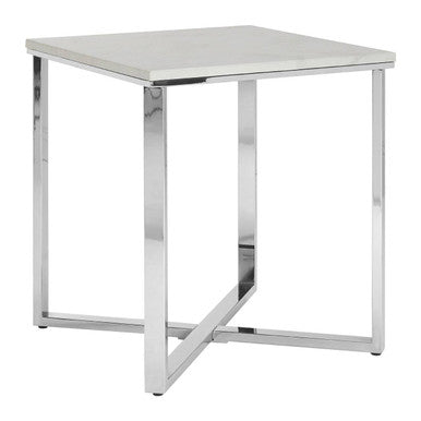 Square White Marble End Table With Silver Chrome Metal Legs, Allure