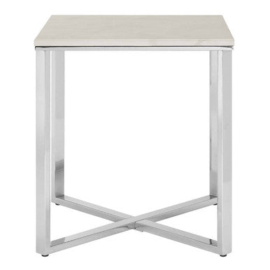 Square White Marble End Table With Silver Chrome Metal Legs, Allure