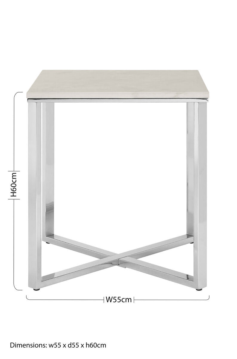 Square White Marble End Table With Silver Chrome Metal Legs, Allure