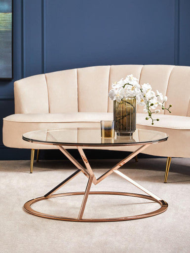 Rose Gold Stainless Steel Base Round Coffee Table With Tempered Glass Top, Allure