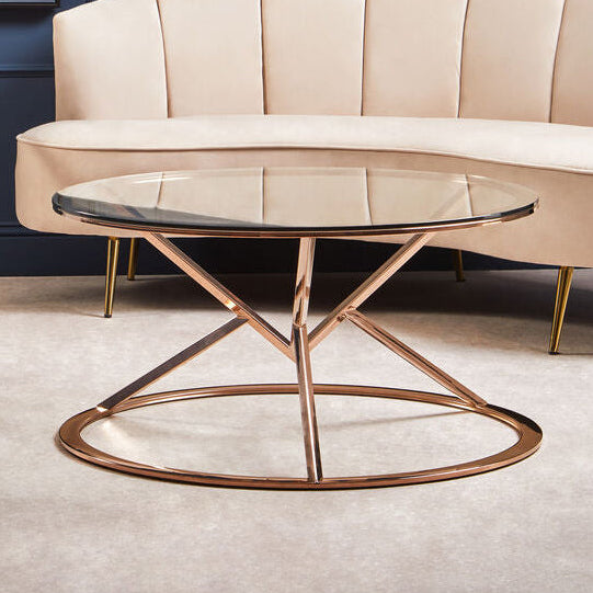 Rose Gold Stainless Steel Base Round Coffee Table With Tempered Glass Top, Allure