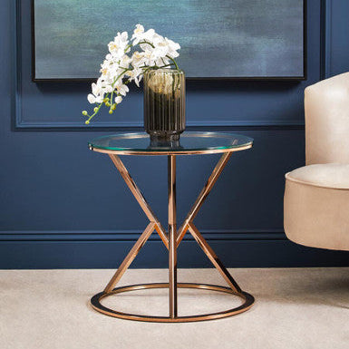 Rose Gold Stainless Steel Base Round End Table With Tempered Glass Top, Allure