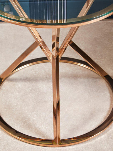 Rose Gold Stainless Steel Base Round End Table With Tempered Glass Top, Allure