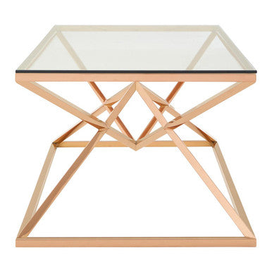 Corseted Rose Gold Triangle Steel Base Coffee Table With Tempered Glass Top, Allure