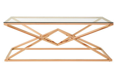 Corseted Rose Gold Triangle Steel Base Coffee Table With Tempered Glass Top, Allure