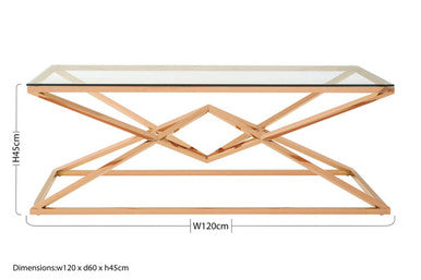 Corseted Rose Gold Triangle Steel Base Coffee Table With Tempered Glass Top, Allure