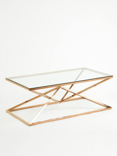 Corseted Rose Gold Triangle Steel Base Coffee Table With Tempered Glass Top, Allure