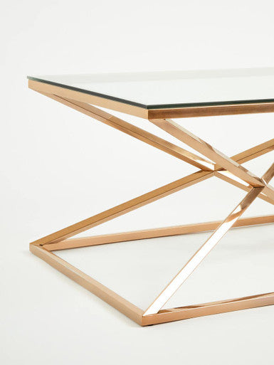 Corseted Rose Gold Triangle Steel Base Coffee Table With Tempered Glass Top, Allure