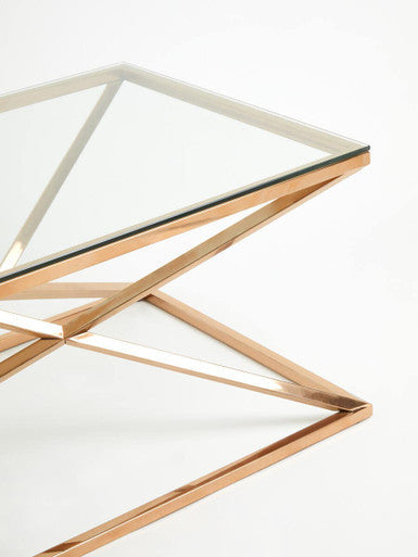 Corseted Rose Gold Triangle Steel Base Coffee Table With Tempered Glass Top, Allure
