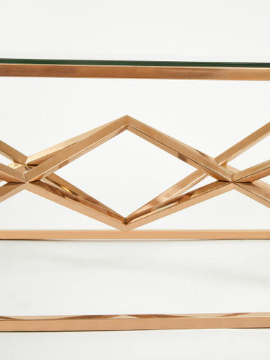 Corseted Rose Gold Triangle Steel Base Coffee Table With Tempered Glass Top, Allure