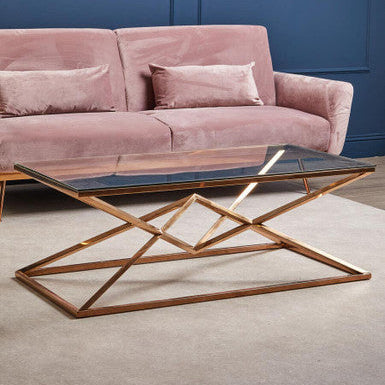 Corseted Rose Gold Triangle Steel Base Coffee Table With Tempered Glass Top, Allure