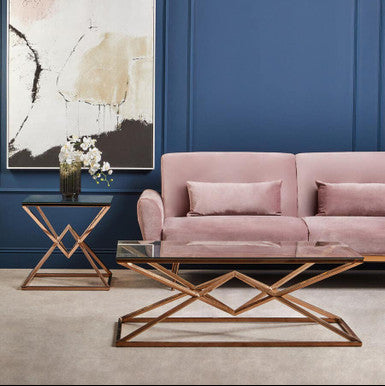 Corseted Rose Gold Triangle Steel Base Coffee Table With Tempered Glass Top, Allure