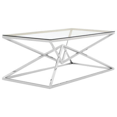 Tempered Glass Top Coffee Table With Silver Sculptural Pyramid Frame Base, Allure