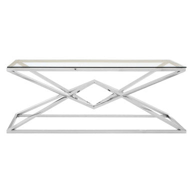 Tempered Glass Top Coffee Table With Silver Sculptural Pyramid Frame Base, Allure