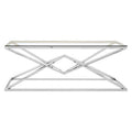 Tempered Glass Top Coffee Table With Silver Sculptural Pyramid Frame Base, Allure