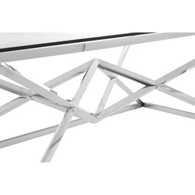 Tempered Glass Top Coffee Table With Silver Sculptural Pyramid Frame Base, Allure