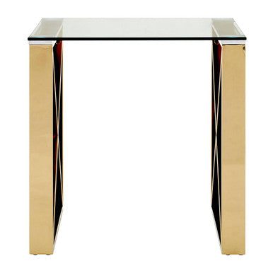 Champagne Gold Stainless Steel Cross Legs End Table With Tempered Glass Top, Allure