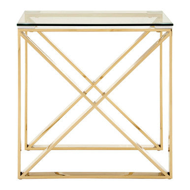 Champagne Gold Stainless Steel Cross Legs End Table With Tempered Glass Top, Allure