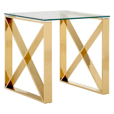 Champagne Gold Stainless Steel Cross Legs End Table With Tempered Glass Top, Allure