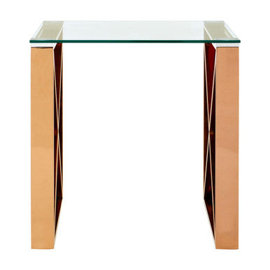 Rose Gold Stainless Steel Cross Legs End Table With Tempered Glass Top, Allure