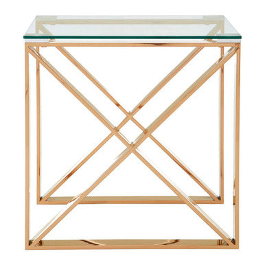 Rose Gold Stainless Steel Cross Legs End Table With Tempered Glass Top, Allure