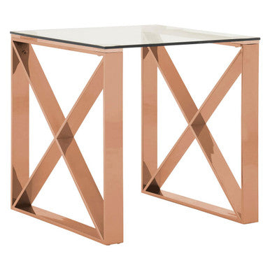 Rose Gold Stainless Steel Cross Legs End Table With Tempered Glass Top, Allure