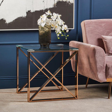 Rose Gold Stainless Steel Cross Legs End Table With Tempered Glass Top, Allure