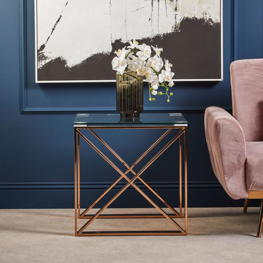 Rose Gold Stainless Steel Cross Legs End Table With Tempered Glass Top, Allure