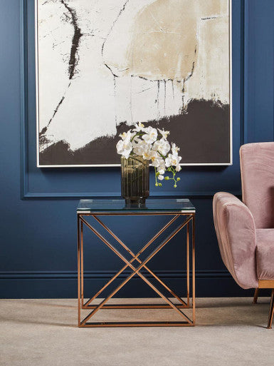 Rose Gold Stainless Steel Cross Legs End Table With Tempered Glass Top, Allure