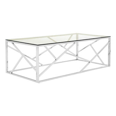Rectangular Tempered Glass Top Coffee Table With Champagne Gold Geometric Steel Legs, Allure
