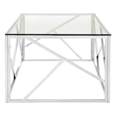 Rectangular Tempered Glass Top Coffee Table With Champagne Gold Geometric Steel Legs, Allure