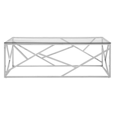 Rectangular Tempered Glass Top Coffee Table With Champagne Gold Geometric Steel Legs, Allure