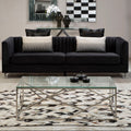 Rectangular Tempered Glass Top Coffee Table With Champagne Gold Geometric Steel Legs, Allure