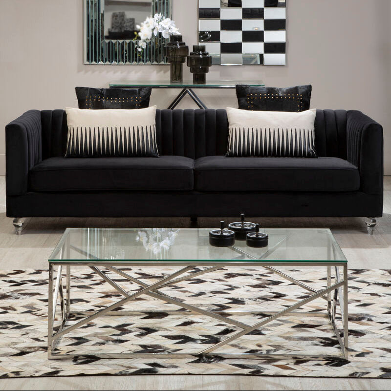 Rectangular Tempered Glass Top Coffee Table With Champagne Gold Geometric Steel Legs, Allure