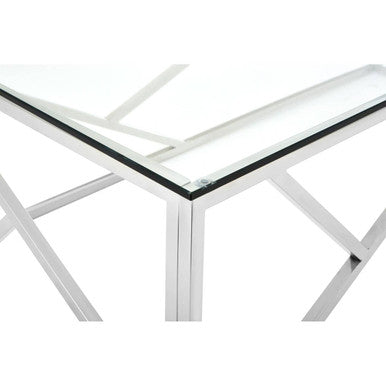 Rectangular Tempered Glass Top Coffee Table With Champagne Gold Geometric Steel Legs, Allure