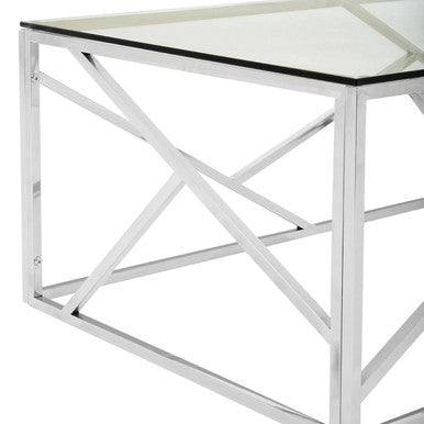 Rectangular Tempered Glass Top Coffee Table With Champagne Gold Geometric Steel Legs, Allure