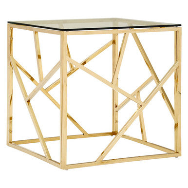 Champagne Gold Geometric Stainless Steel End Table With Tempered Glass Top, Allure