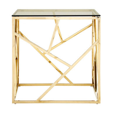 Champagne Gold Geometric Stainless Steel End Table With Tempered Glass Top, Allure