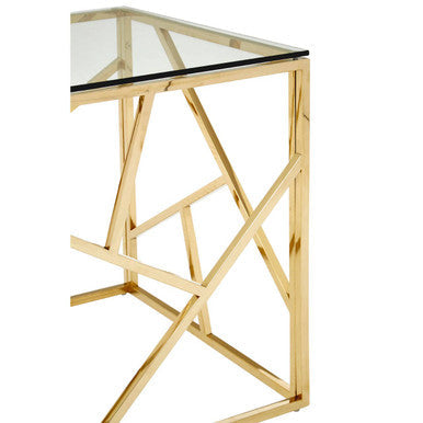 Champagne Gold Geometric Stainless Steel End Table With Tempered Glass Top, Allure