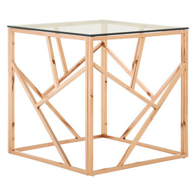 Rose Gold Geometric Stainless Steel End Table With Tempered Glass Top, Allure